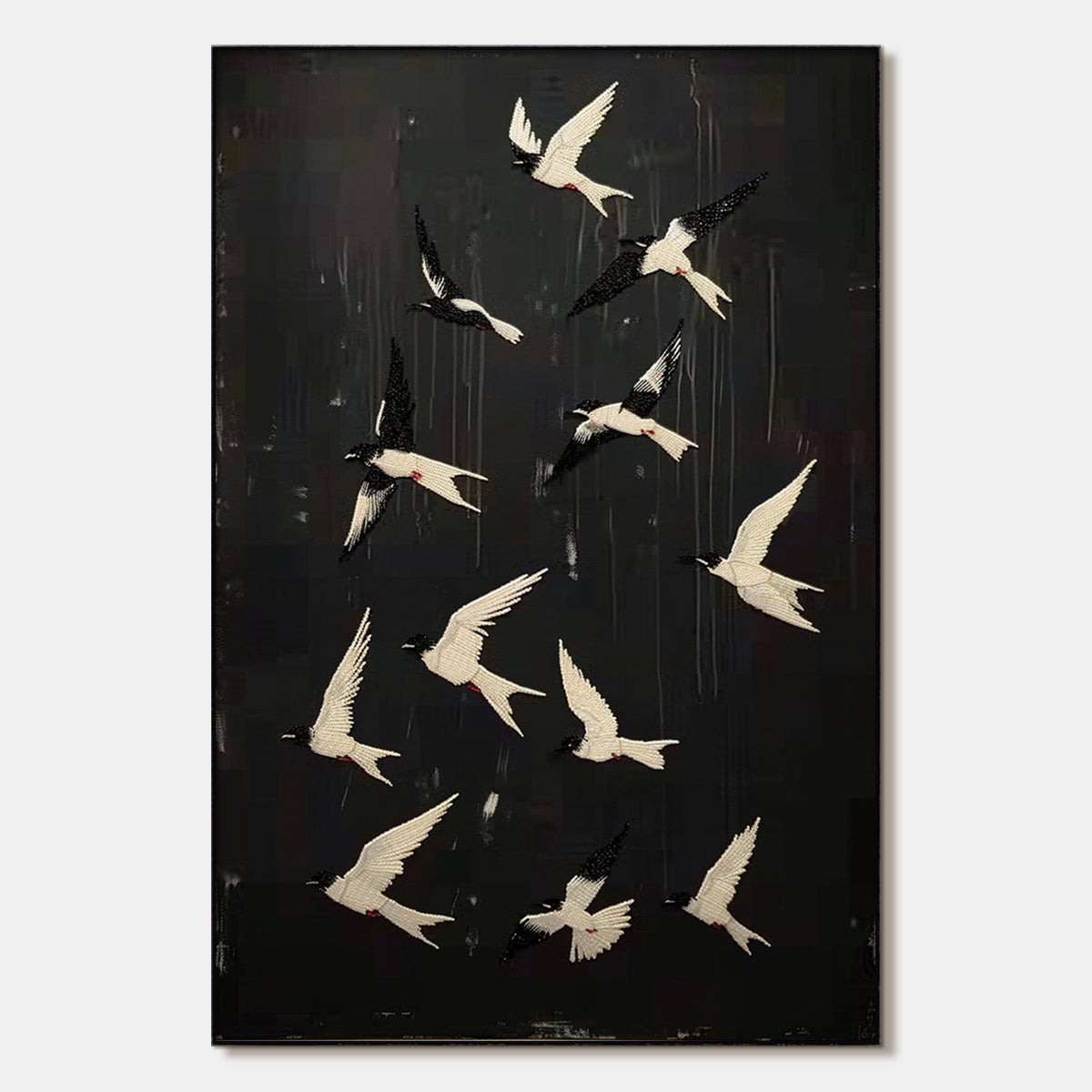 Ascension: Original Beaded Birds Artwork - Textured Black and White Wall Art Decor