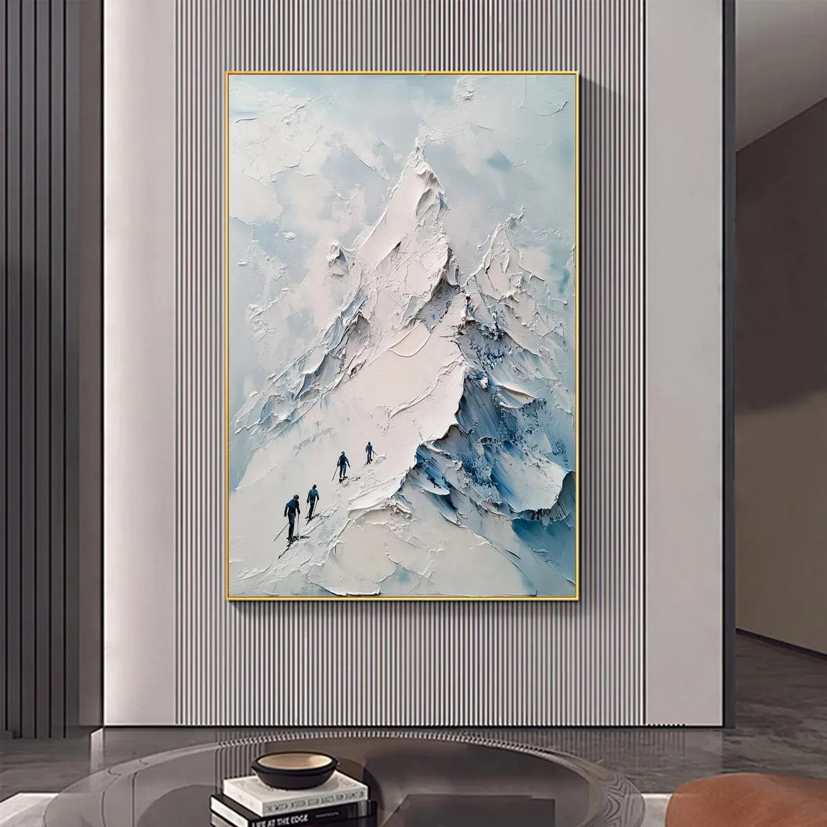 Textured Impasto Mountain Landscape Painting with Skiers