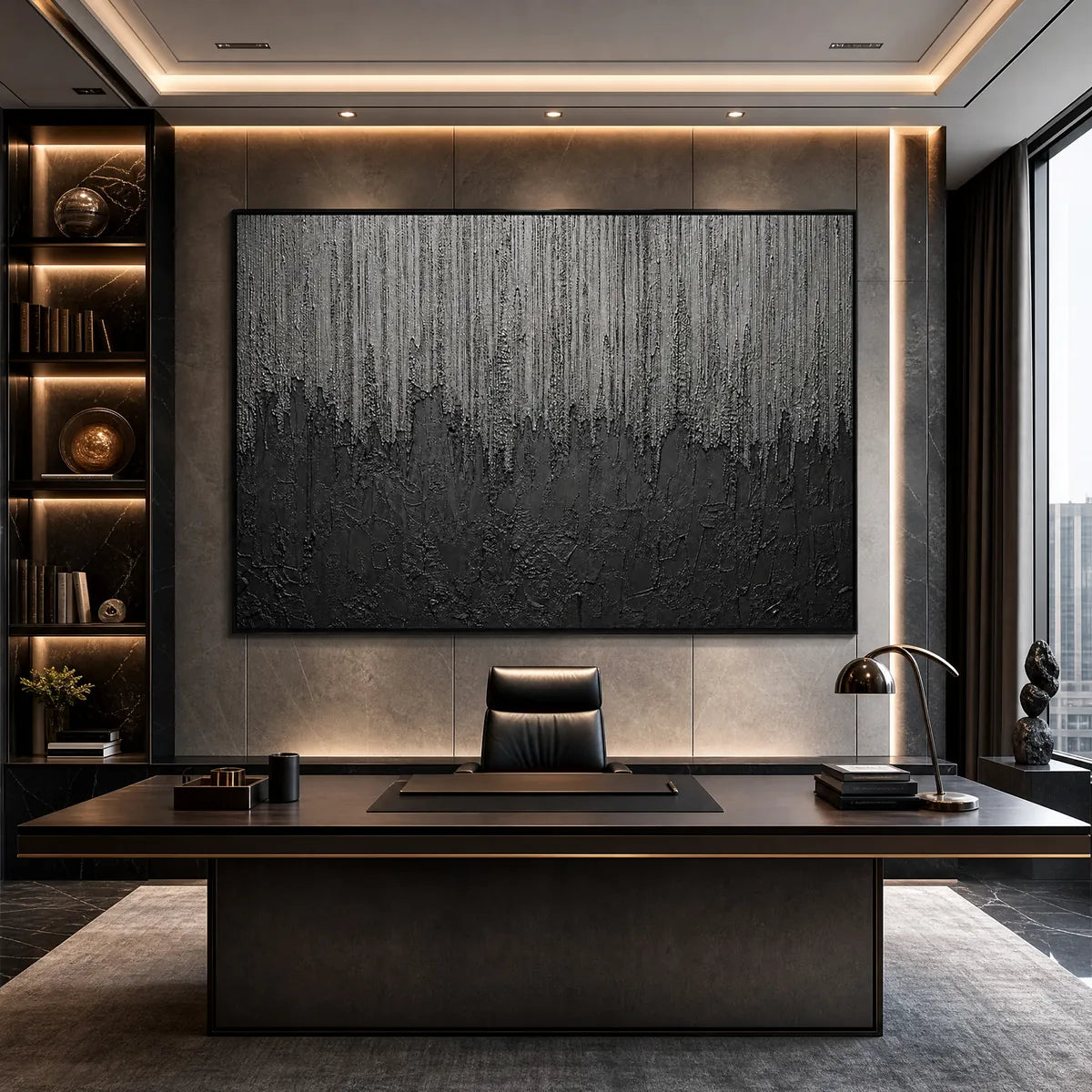 ASHEN CASCADE: Large Textured Black and Grey Abstract Wall Art