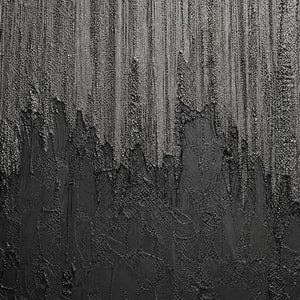 Textured black and grey abstract wall art with metallic impasto brushstrokes
