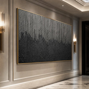 Large black and grey textured abstract wall art in gold frame