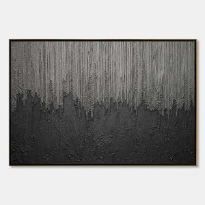 Textured black and grey abstract wall art with metallic silver impasto on canvas