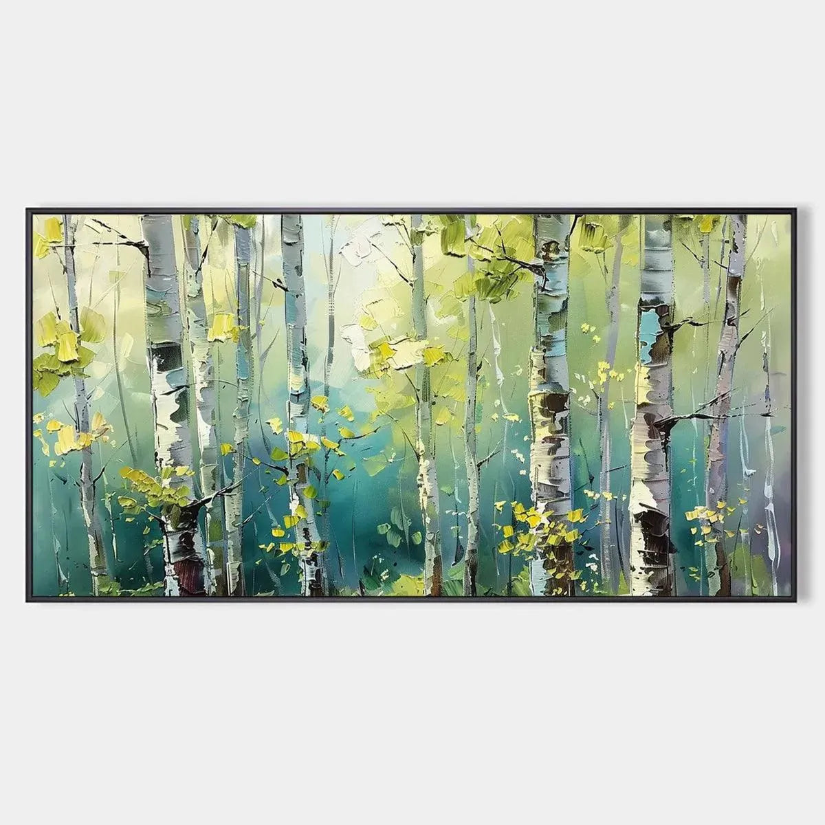 Textured birch tree painting, "Aspen Grove" panoramic canvas with green & yellow forest hues, nature-inspired wall art.