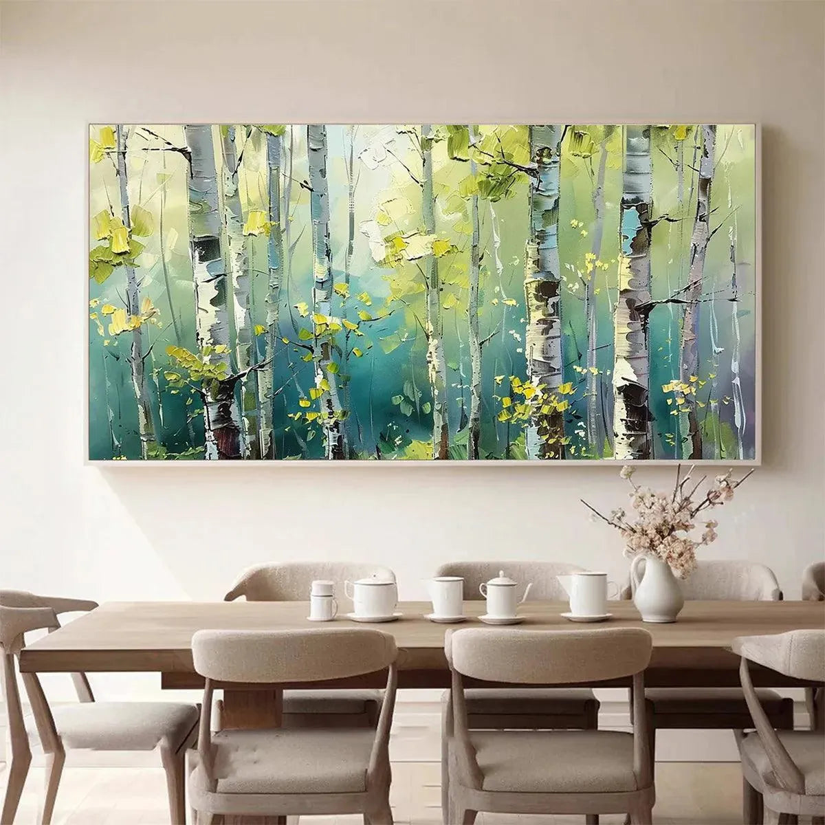 Textured birch tree painting, "Aspen Grove" panoramic canvas with green & yellow forest hues, nature-inspired wall art.
