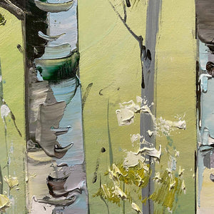Textured birch tree painting, "Aspen Grove" panoramic canvas with green & yellow forest hues, nature-inspired wall art.
