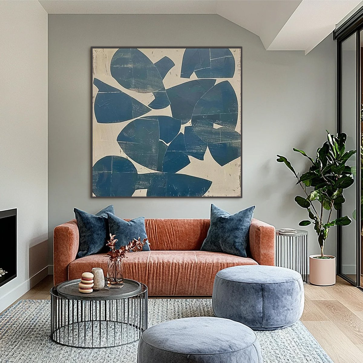 ASSEMBLAGE: Minimalist Blue and Beige Abstract Painting