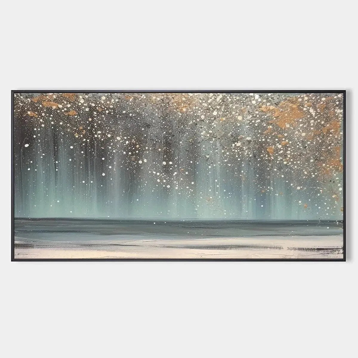 AURORA DUST: Original textured abstract ocean painting with gold, blue, grey hues.