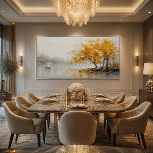 AUTUMN LAKE TREE: Golden Tree Lakeside Painting