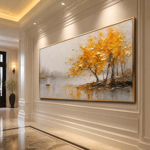 AUTUMN LAKE TREE: Golden Tree Lakeside Painting