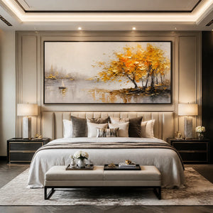 AUTUMN LAKE TREE: Golden Tree Lakeside Painting