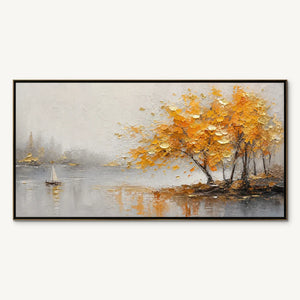 AUTUMN LAKE TREE: Golden Tree Lakeside Painting