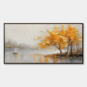 Golden autumn lake tree oil painting with textured orange leaves, calm water reflections, and sailboat