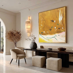 Earthy abstract original painting 'Autumn Whisper' with ochre hues and delicate lines, modern Wabi Sabi wall art.