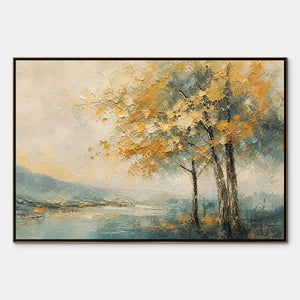Textured autumn tree landscape wall art with golden leaves, teal water and soft hills