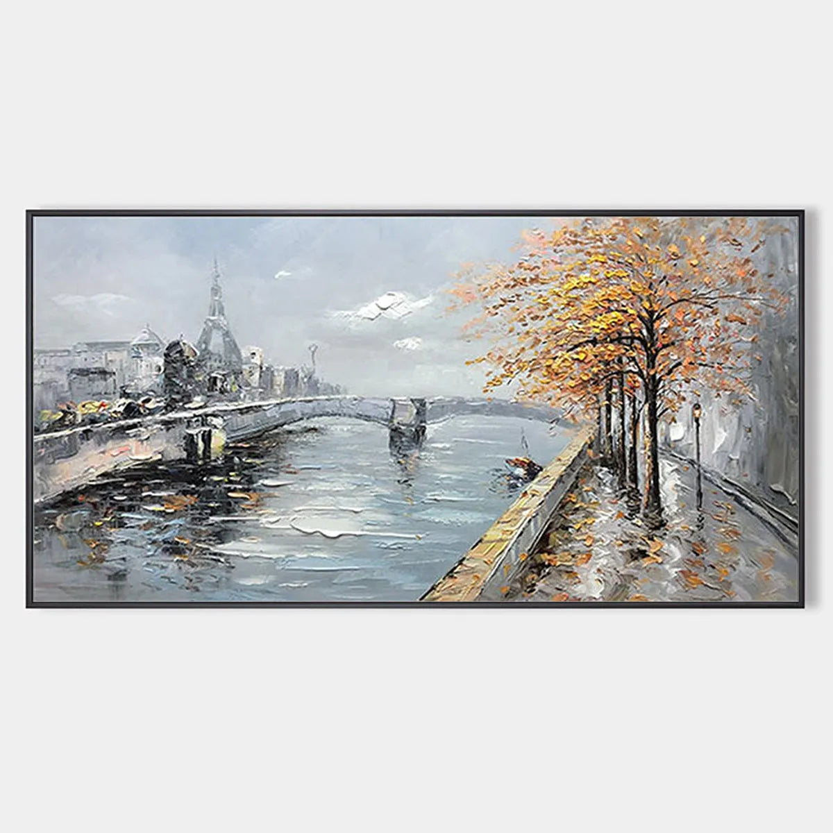 Panoramic Cityscape Oil Painting with River and Trees