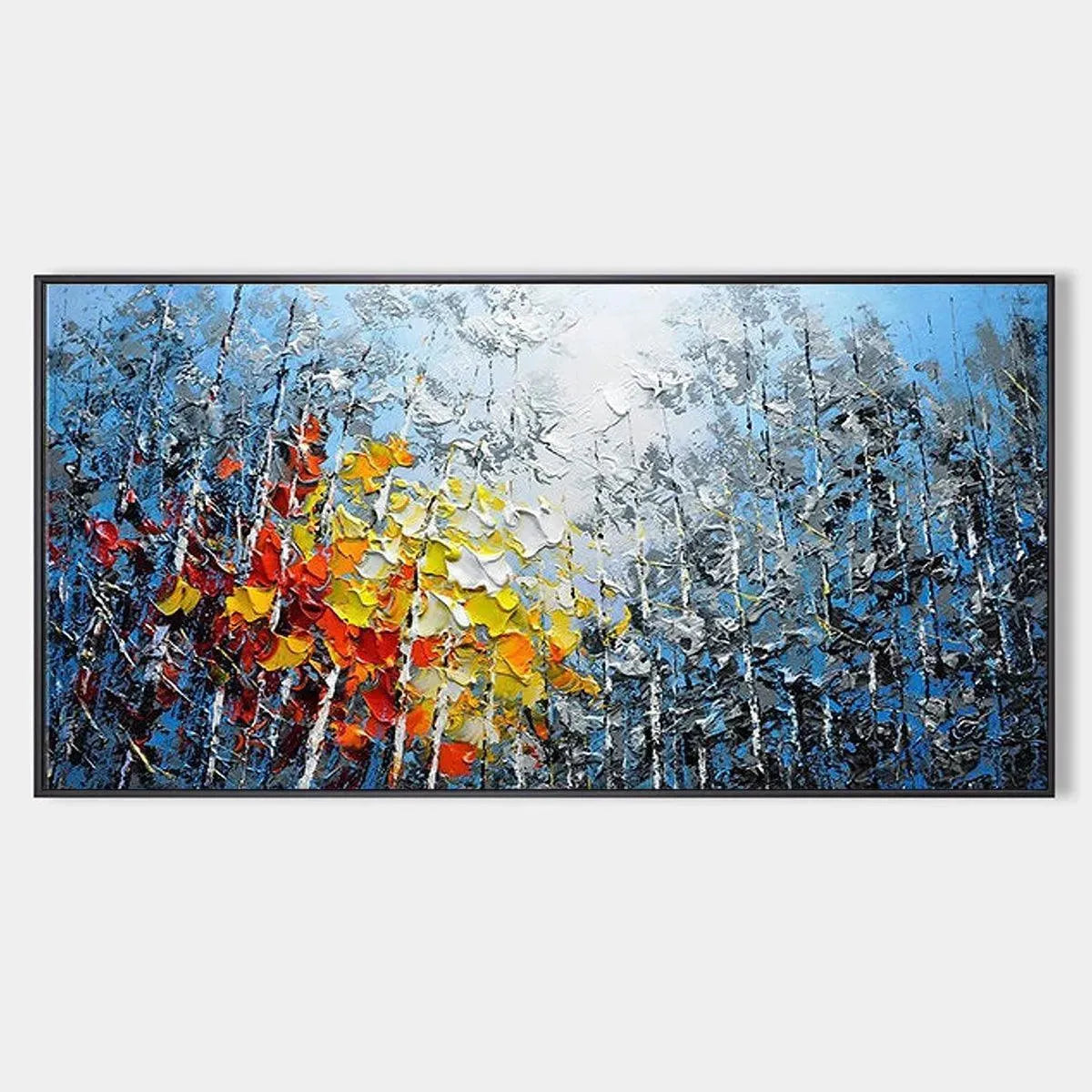 AUTUMN ASPEN: Textured impasto painting of colorful forest landscape with aspen trees in red, orange, and yellow.