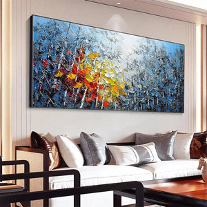 AUTUMN ASPEN: Textured impasto painting of colorful forest landscape with aspen trees in red, orange, and yellow.