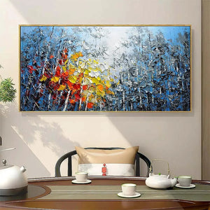 AUTUMN ASPEN: Textured impasto painting of colorful forest landscape with aspen trees in red, orange, and yellow.