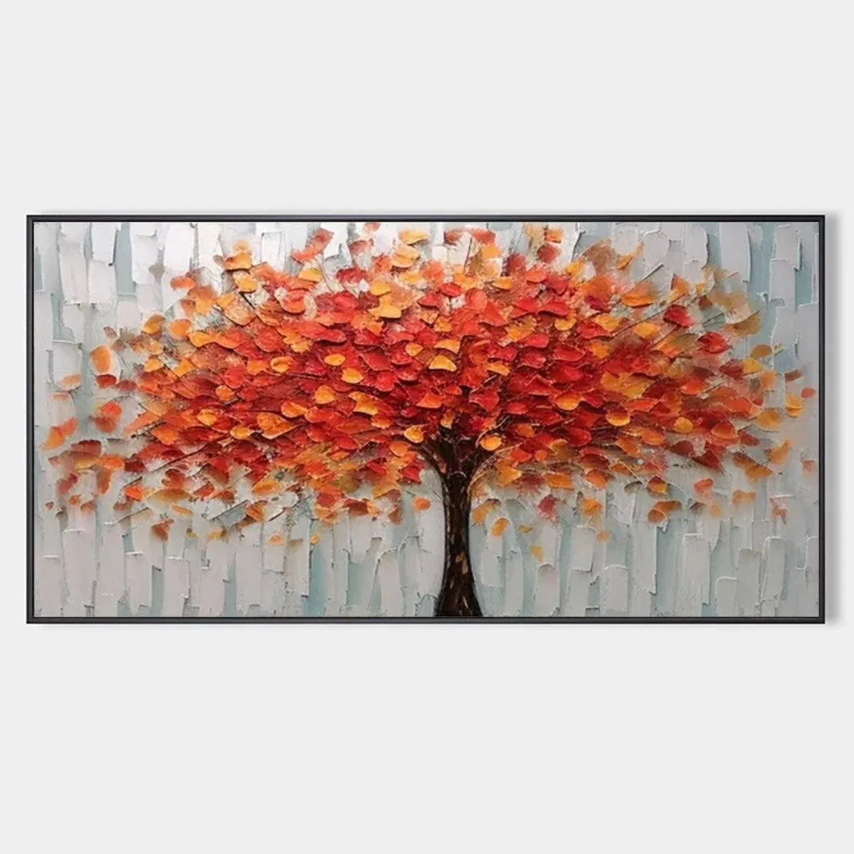 Original textured impasto oil painting of autumn tree with fiery orange red leaves - handmade wall art.