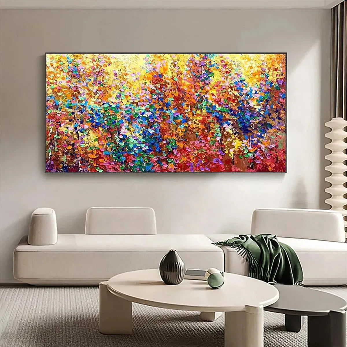 AUTUMN GLOW abstract impasto painting in a modern living room, featuring vibrant fall colors and textured brushstrokes.