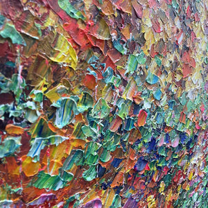 Vibrant impasto texture of "Autumn Glow" abstract painting, highlighting rich autumn colors & brushstrokes.