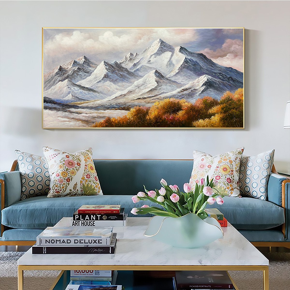 Autumn Majesty: Panoramic Mountain Landscape Oil Painting Canvas Wall Art Decor with Autumn Foliage