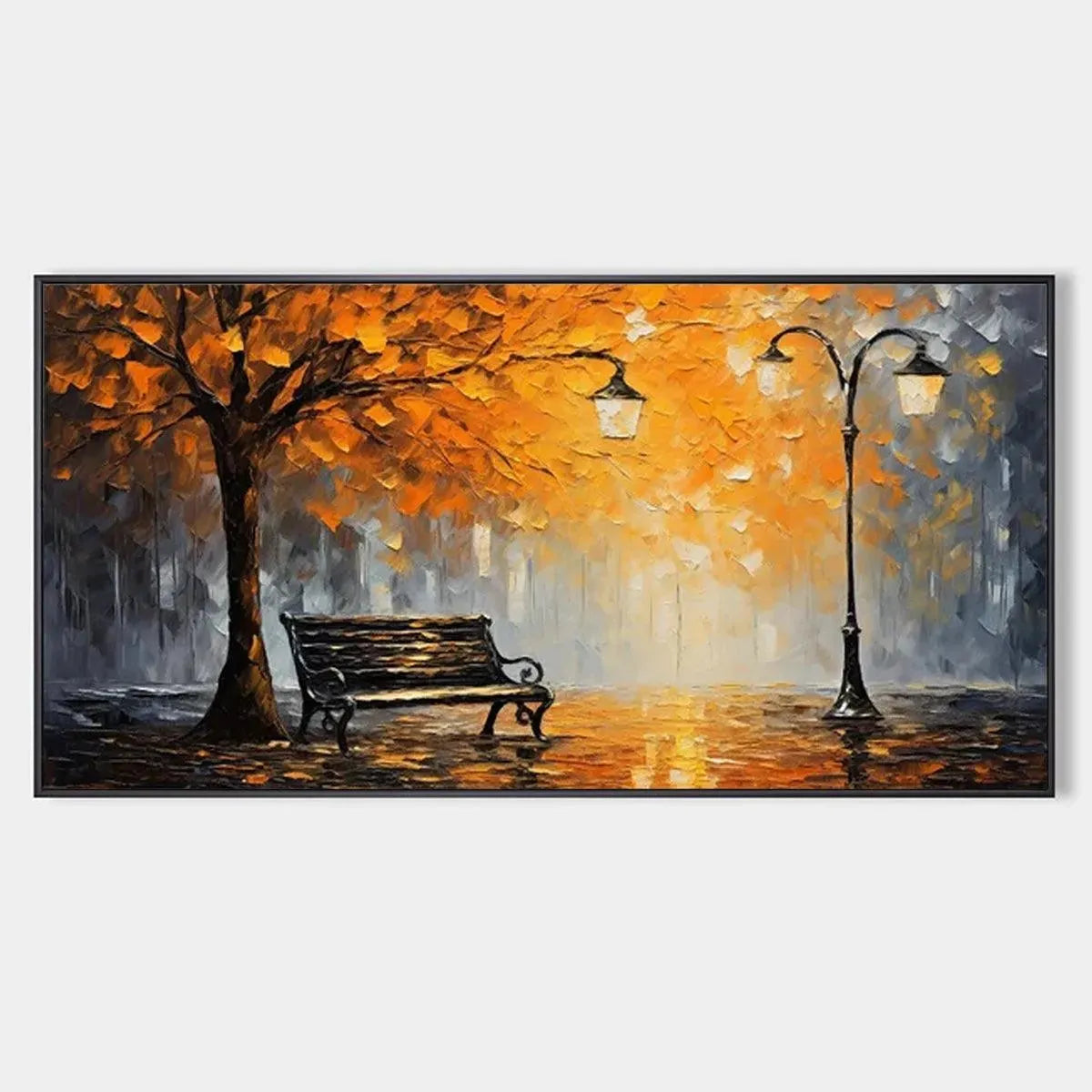 Autumn Park Bench original oil painting: impressionistic park scene with orange tree and wet pavement reflections.