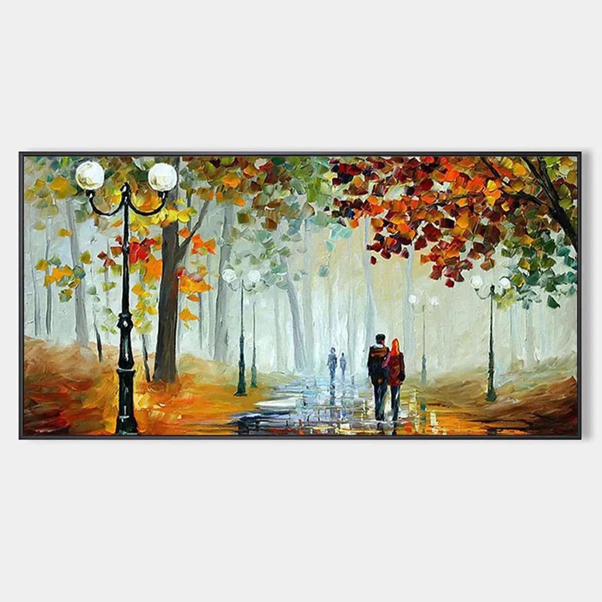Romantic autumn park painting, couple strolling on wet path, lampposts, vibrant fall foliage.