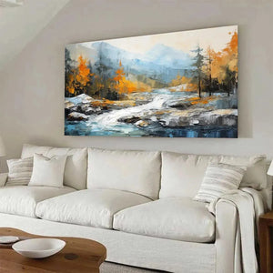 Liam O'Connell's Autumn River: textured impasto landscape painting of river, mountains, and vibrant fall trees.