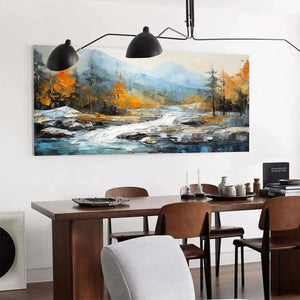 Liam O'Connell's Autumn River: textured impasto landscape painting of river, mountains, and vibrant fall trees.
