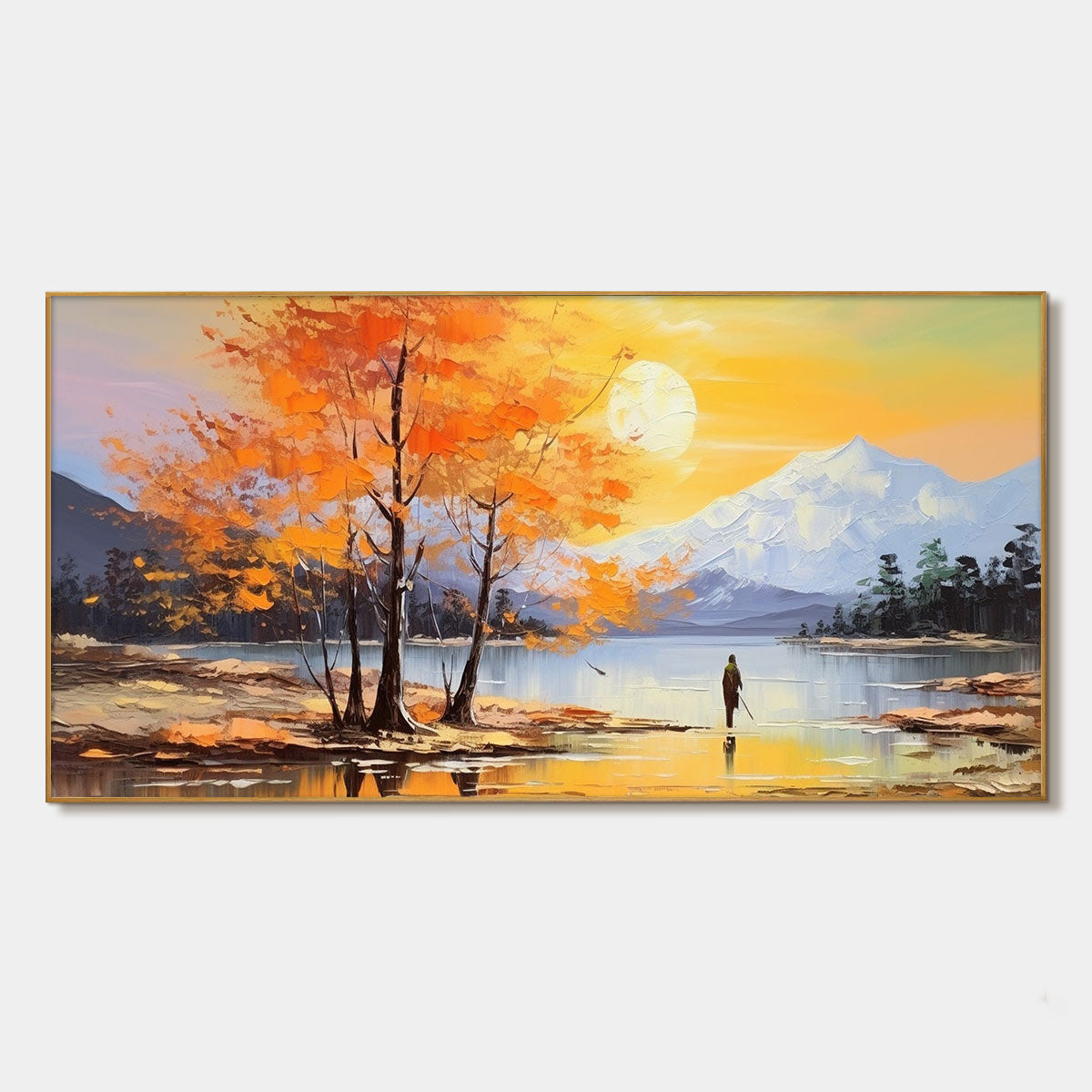 Autumn Serenade: Original Tranquil Lake and Mountain Landscape Oil Painting - Serene Nature Wall Art Decor