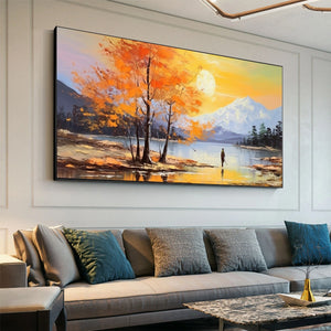 Autumn Serenade: Original Tranquil Lake and Mountain Landscape Oil Painting - Serene Nature Wall Art Decor