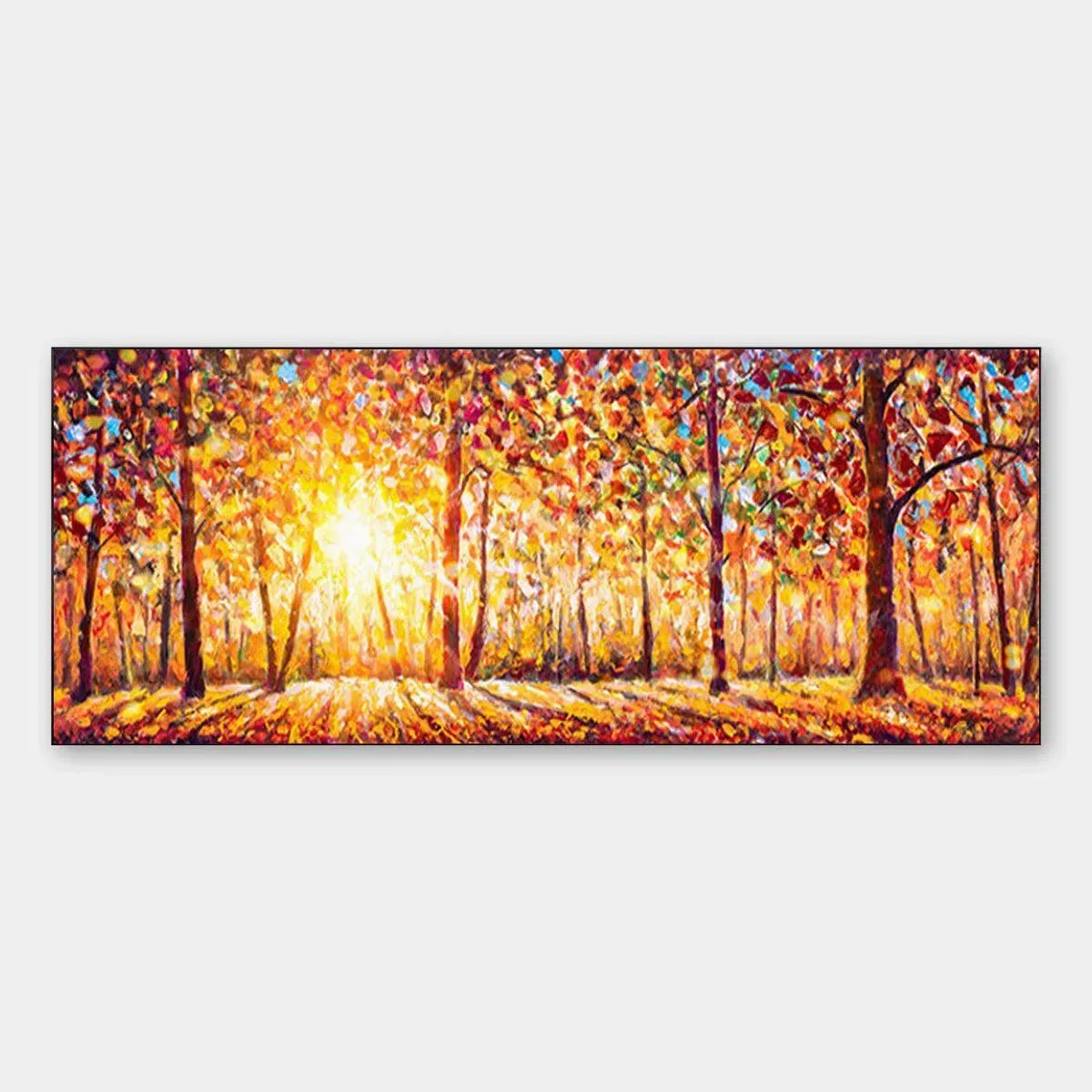 AUTUMN SUNRISE: Panoramic forest painting with warm orange and yellow autumnal foliage and sunlit trees.