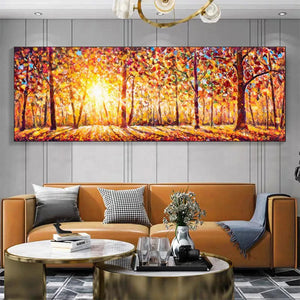 AUTUMN SUNRISE: Panoramic forest painting with warm orange and yellow autumnal foliage and sunlit trees.