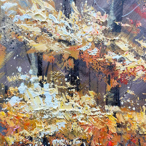 Textured "AUTUMN TRAIL" oil painting by Liam O'Connell. Autumn forest path with sunlight and colorful trees.
