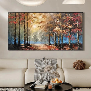 Textured "AUTUMN TRAIL" oil painting by Liam O'Connell. Autumn forest path with sunlight and colorful trees.