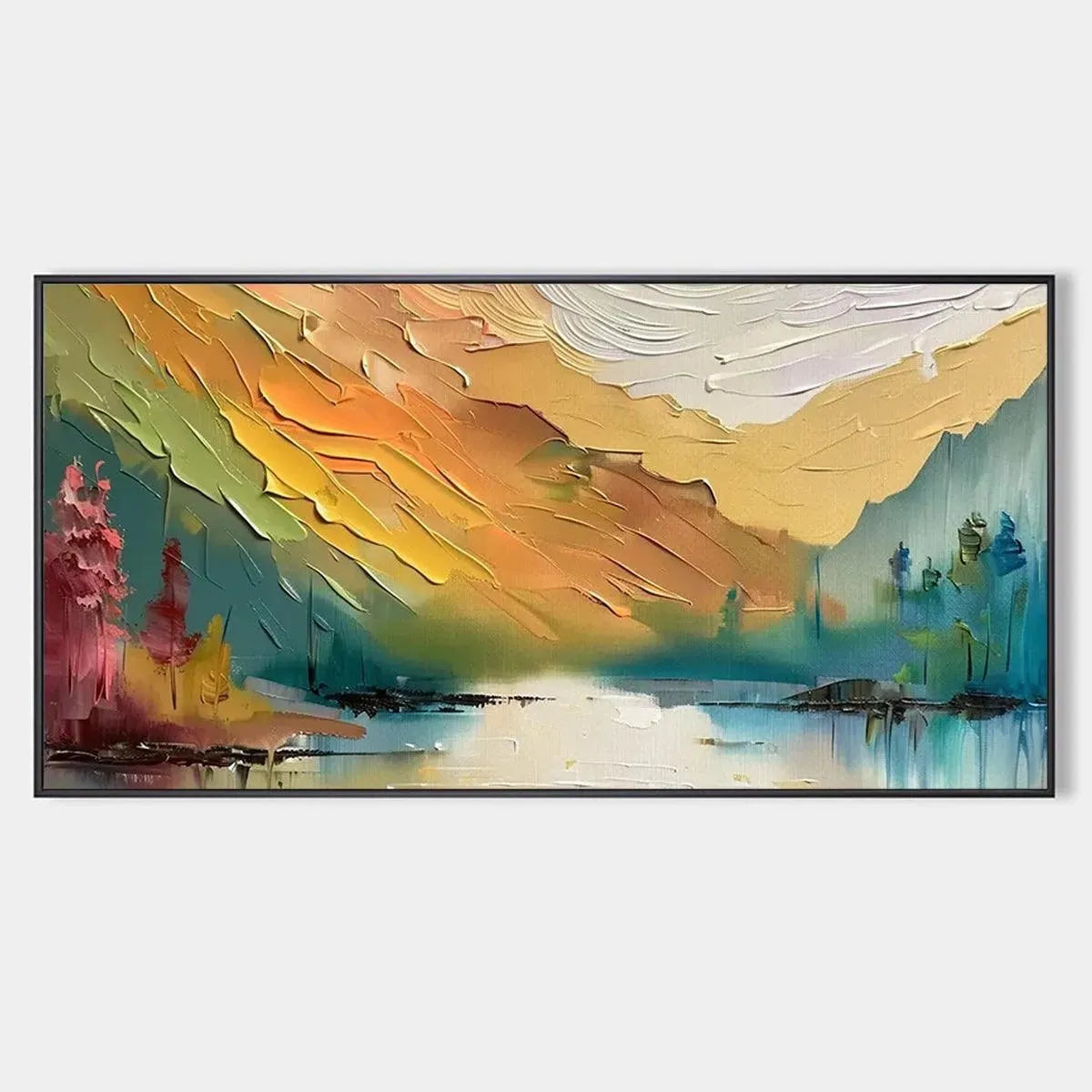 Isabella Rossi's 'Autumn Valley' impasto painting: textured autumnal landscape with mountains, lake, and vibrant colors.