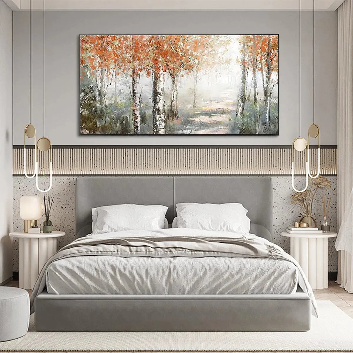 Autumn Whispers horizontal forest painting: birch trees with orange leaves, misty path, serene woodland scene in black frame.