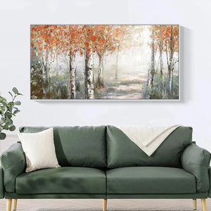 Autumn Whispers horizontal forest painting: birch trees with orange leaves, misty path, serene woodland scene in black frame.