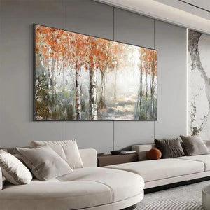 Autumn Whispers horizontal forest painting: birch trees with orange leaves, misty path, serene woodland scene in black frame.