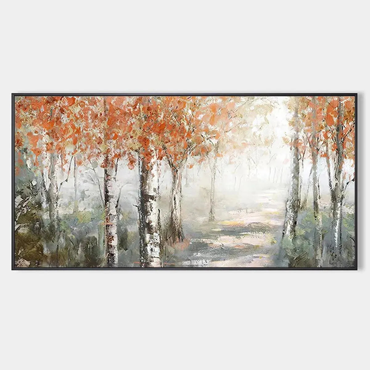 Autumn Whispers horizontal forest painting: birch trees with orange leaves, misty path, serene woodland scene in black frame.