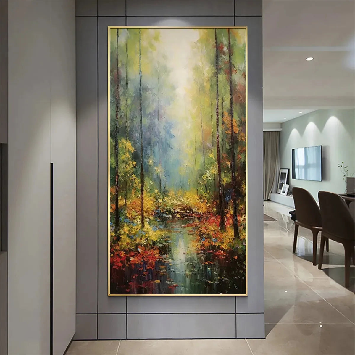 Vertical Landscape Oil Painting, Forest Scene with Stream, Fall Colors, Nature Wall Art