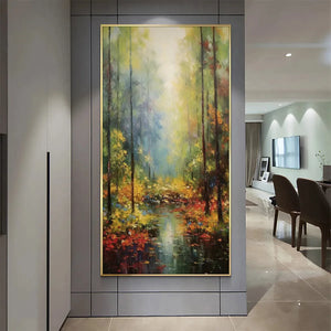 Vertical Landscape Oil Painting, Forest Scene with Stream, Fall Colors, Nature Wall Art