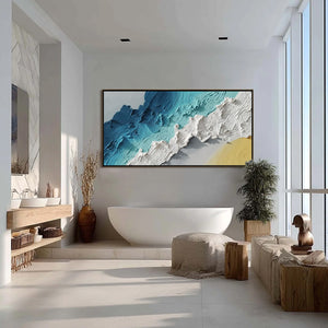 Azure Crest original handmade abstract painting: textured seascape, blue waves, sandy beach.