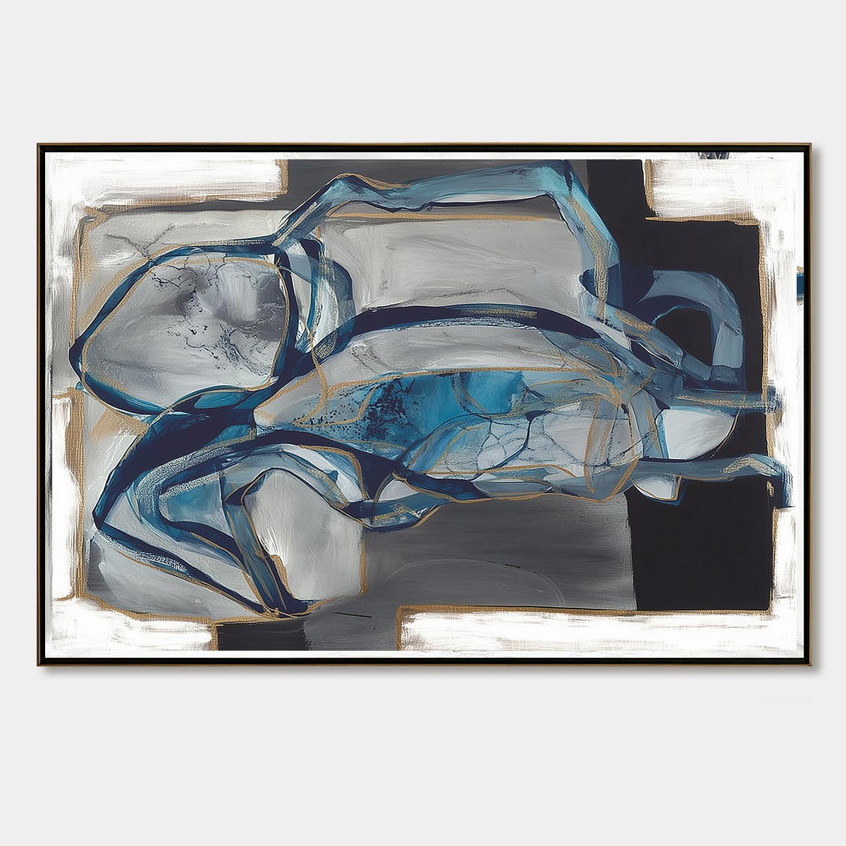 Abstract art piece with blue and gray colors in a black frame.