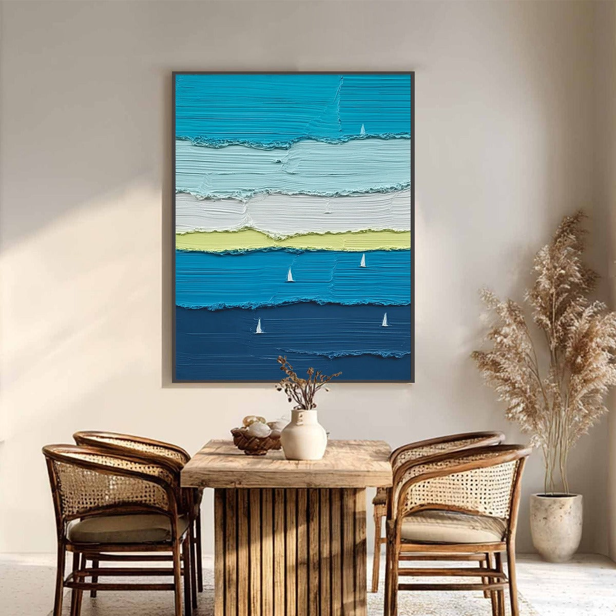 AZURE REGATTA: Textured Vertical Seascape with Sailboats