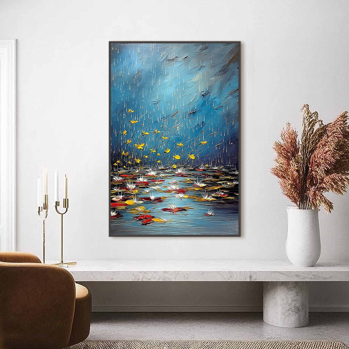 AZURE REVERIE: Textured Impasto Painting of a Lily Pond in the Rain