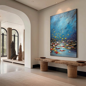 AZURE REVERIE: Textured Impasto Painting of a Lily Pond in the Rain