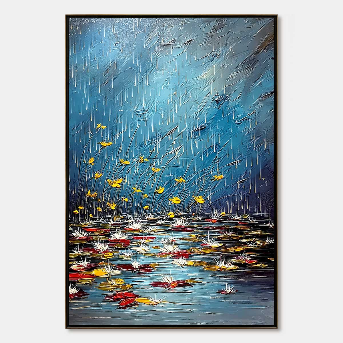 AZURE REVERIE: Textured Impasto Painting of a Lily Pond in the Rain