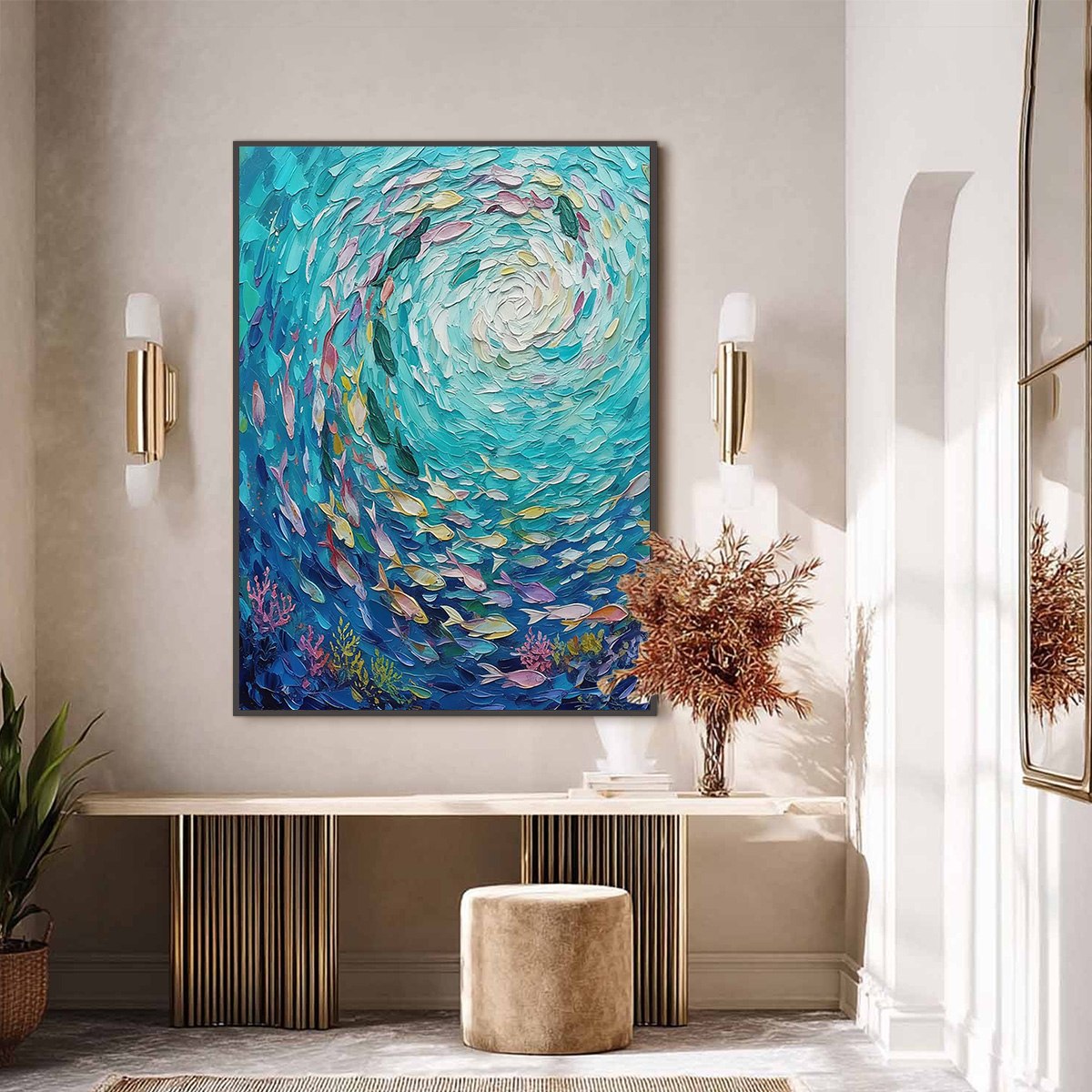 AZURE WHIRLPOOL: Textured Impasto Painting of a Vibrant Fish School